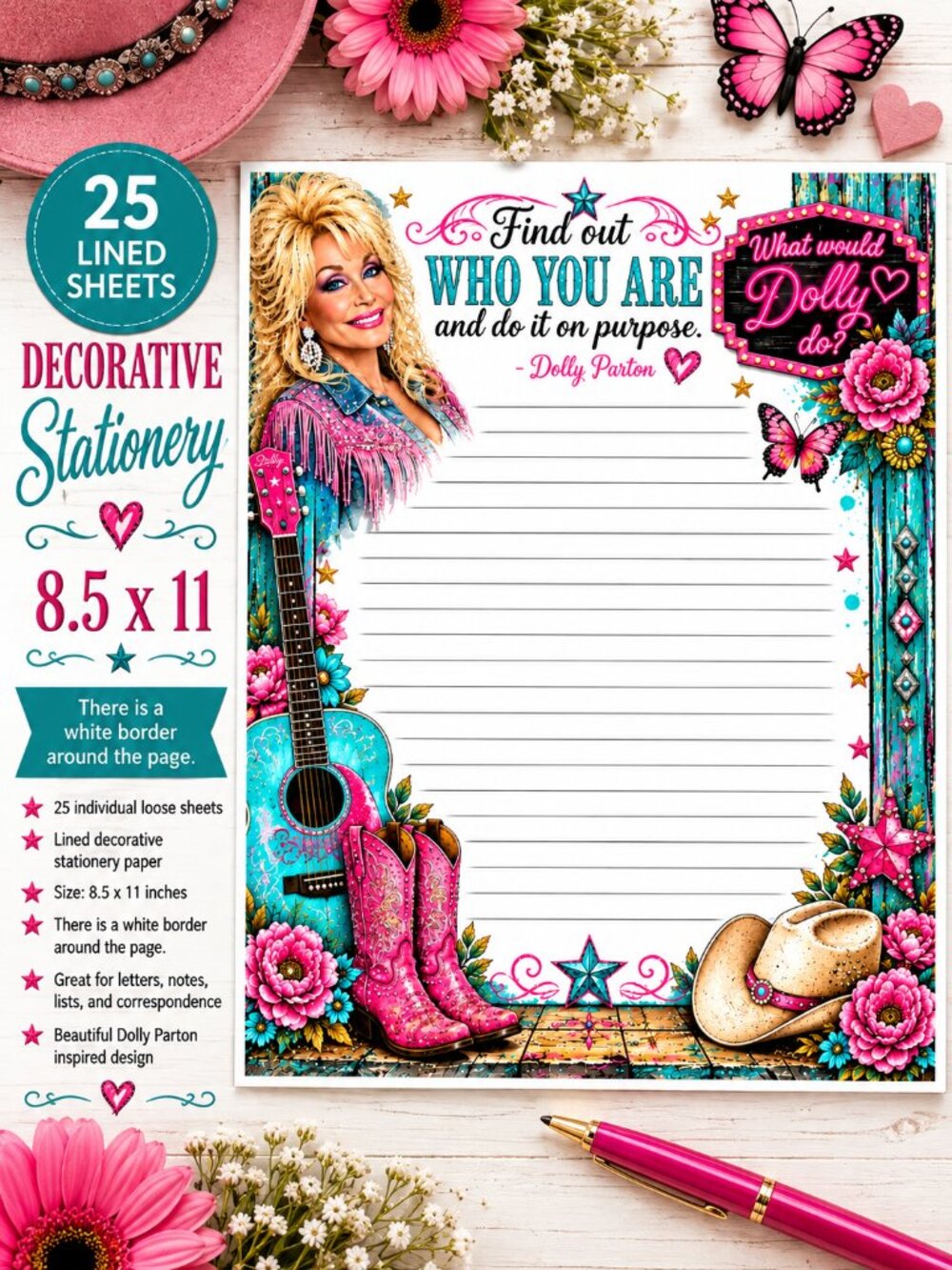 Dolly Decorative Stationery Paper 25 Lined Sheets 8.5x11 Cowgirl Western Country